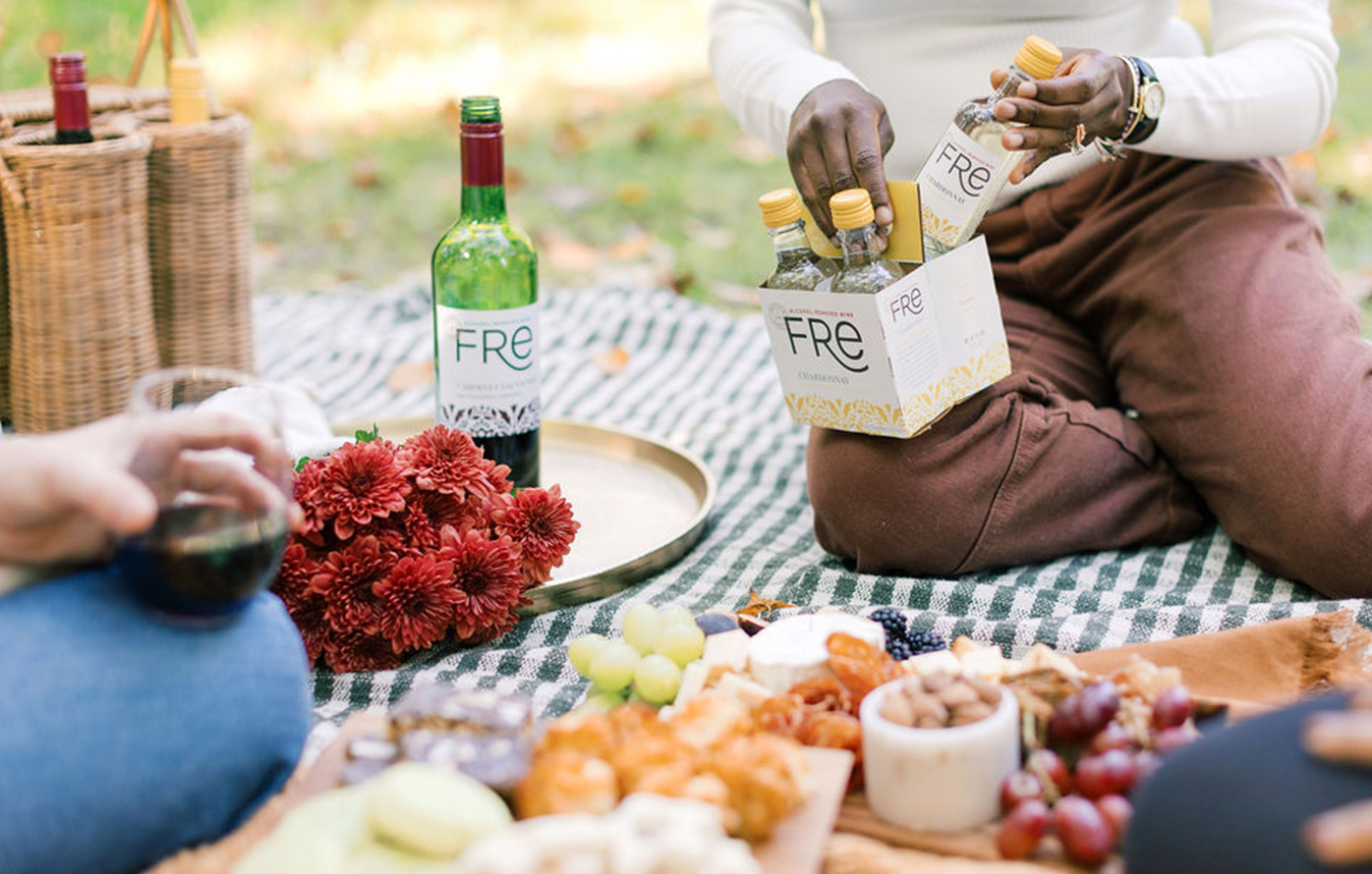 Picnic outside with two people drinking FRE alcohol-removed wines