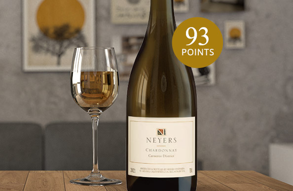 bottle of Neyers chardonnay Carneros District on a living room table, rated 93 points